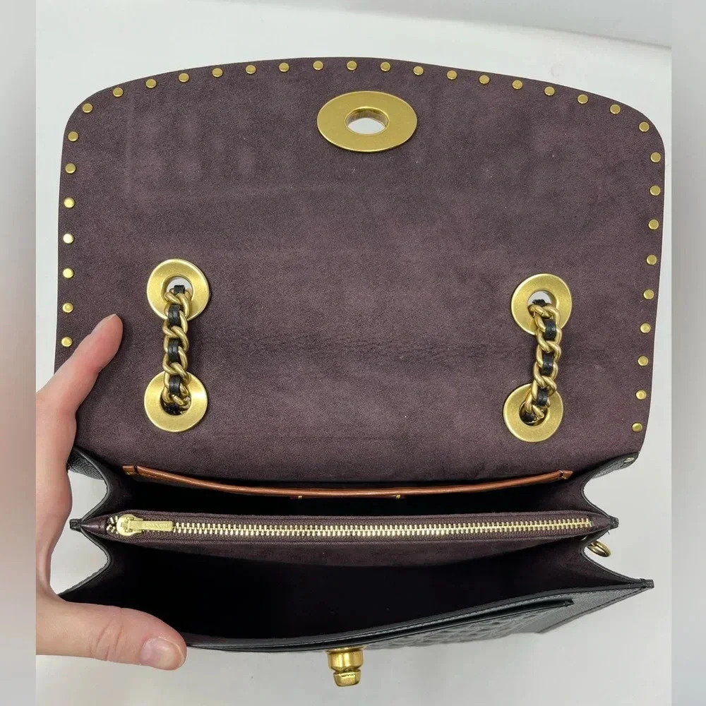 Coach Parker Mixed Media Studded Convertible Shoulder Bag Black/Gold Leather - Picture 3 of 8